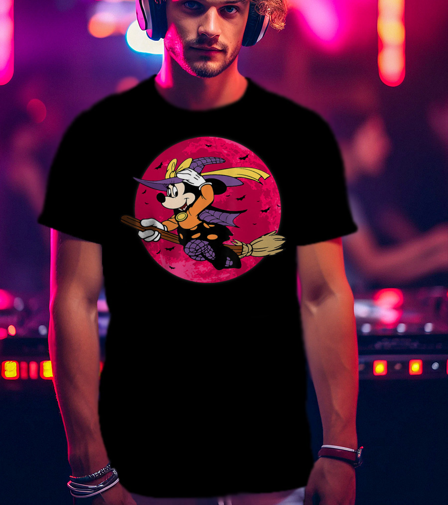 Happy Halloween Witch Costume Broomstick Against Pink Moon With Bats T-Shirt