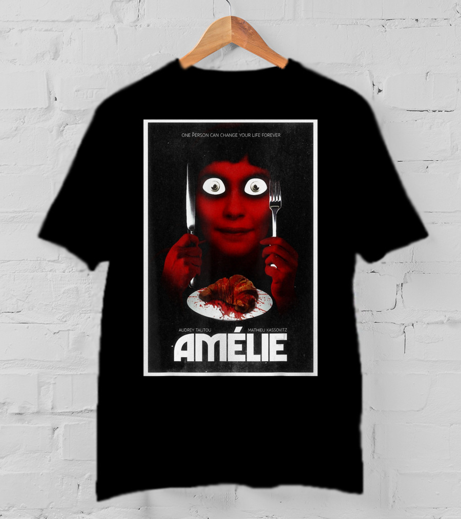 Amélie Horror Parody Audrey Tautou Matthieu Kassovitz Creepy Croissant T-Shirt