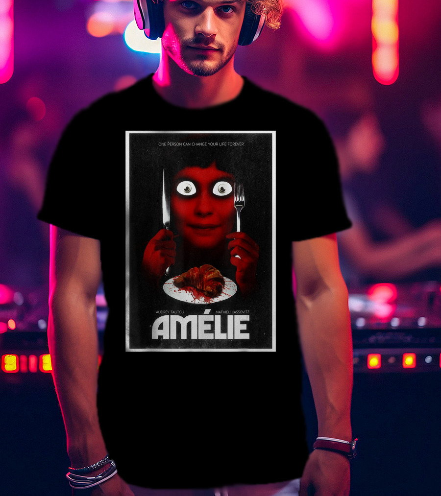 Amélie Horror Parody Audrey Tautou Matthieu Kassovitz Creepy Croissant T-Shirt