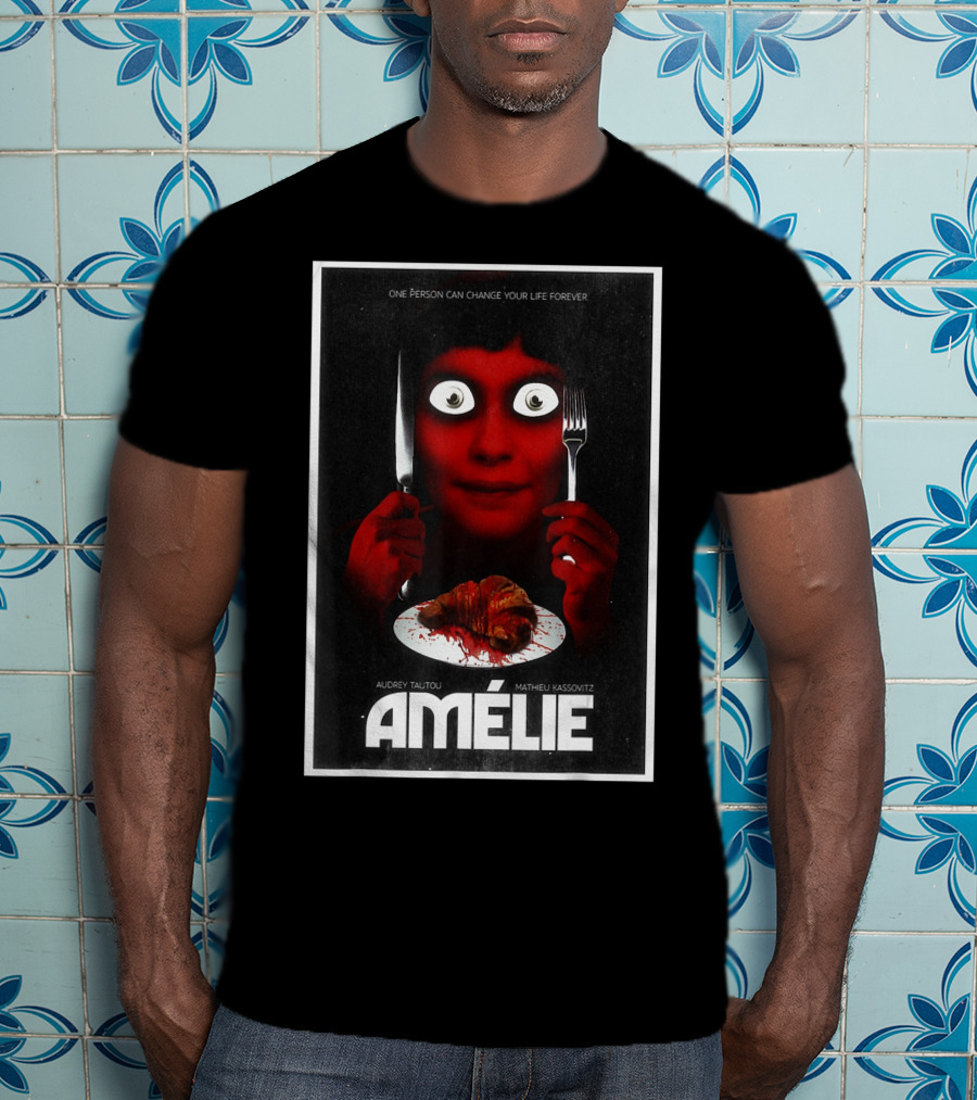 Amélie Horror Parody Audrey Tautou Matthieu Kassovitz Creepy Croissant T-Shirt