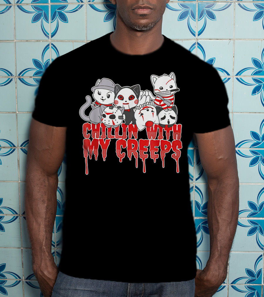 Chillin With My Creeps Halloween Cats In Costumes T-Shirt