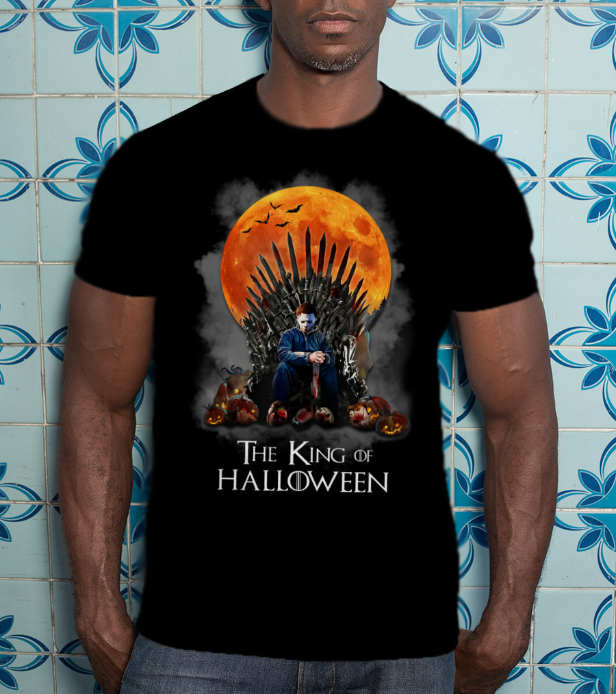 The King Of Halloween Horror Characters On Throne With Full Moon And Pumpkins T-Shirt