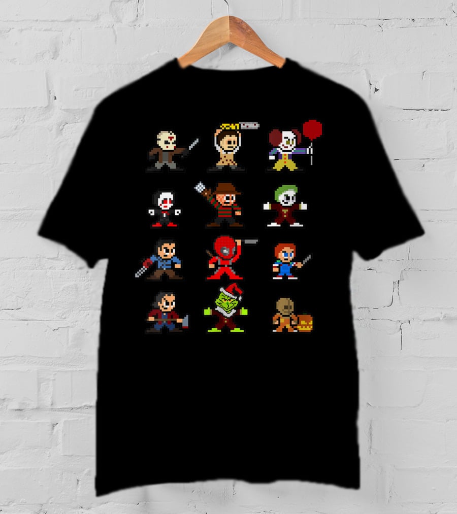 Pixelated Horror Icons Halloween Christmas Gamer Mashup T-Shirt