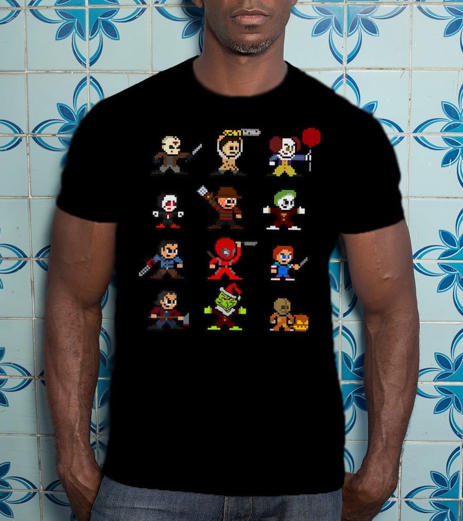 Pixelated Horror Icons Halloween Christmas Gamer Mashup T-Shirt