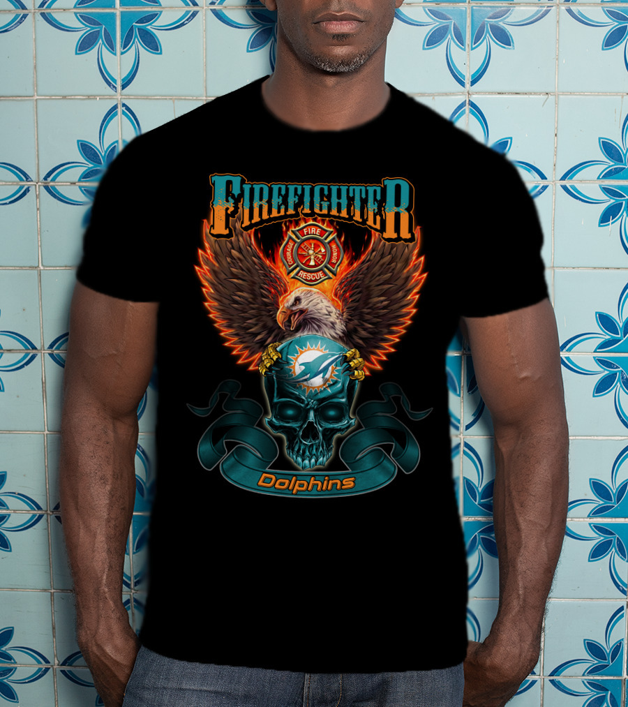 Firefighter Fire Rescue Eagle Miami Dolphins Skull T-Shirt