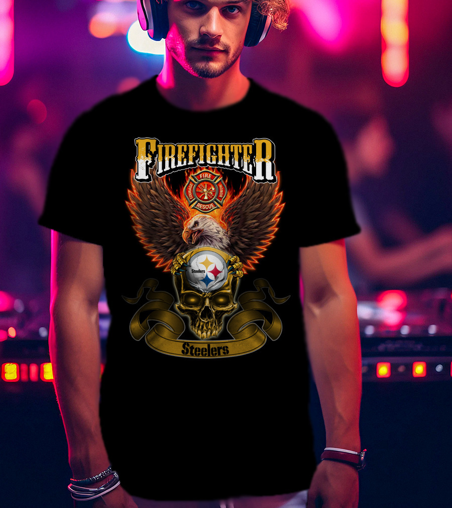 Firefighter Eagle Pittsburgh Steelers Fire Rescue Badge Skull T-Shirt