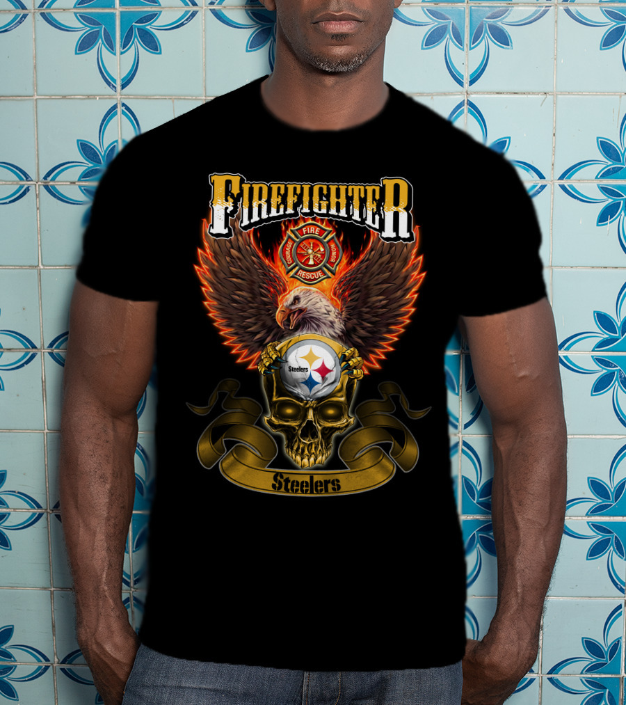 Firefighter Eagle Pittsburgh Steelers Fire Rescue Badge Skull T-Shirt