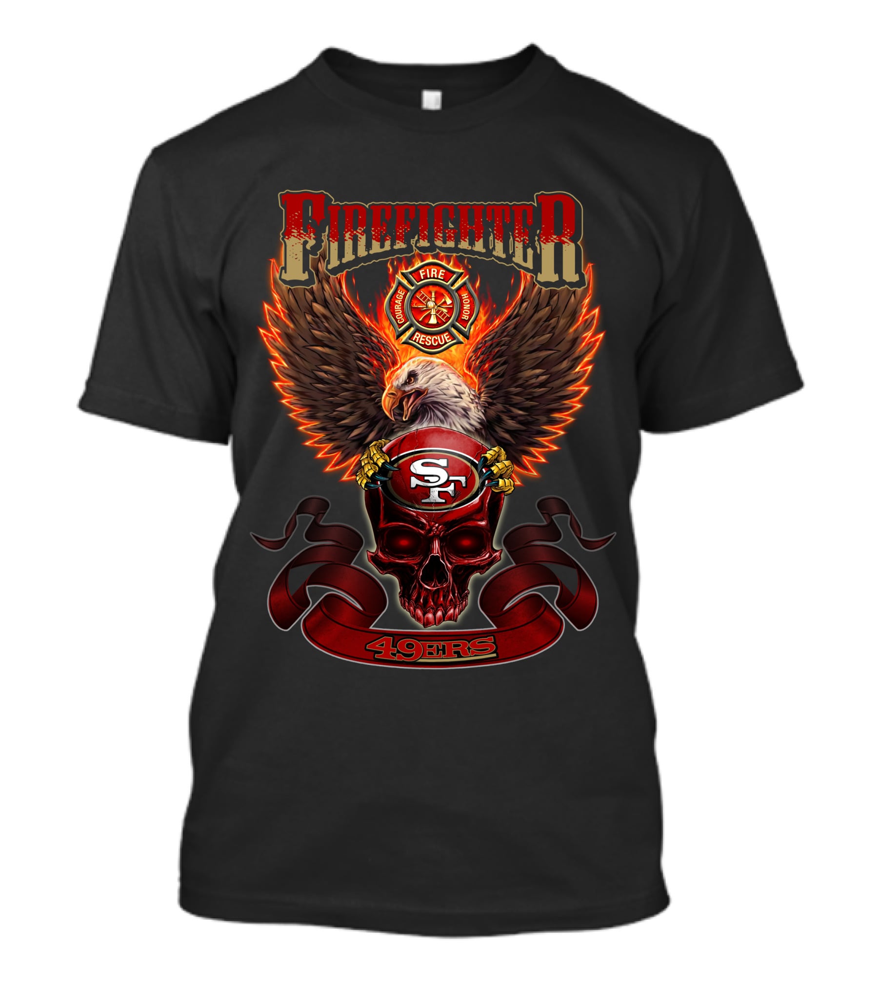 Firefighter Fire Rescue Eagle 49ers SF Skull T-Shirt