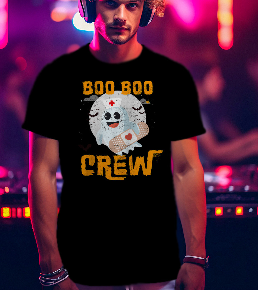 Boo Boo Crew Nurse Ghost With Bandage And Bats Moon Halloween T-Shirt
