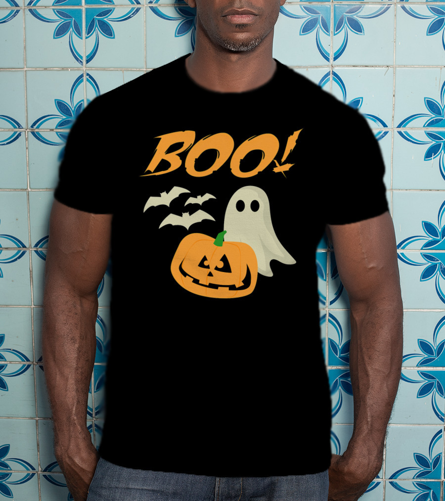 Boo Halloween Ghost Bats Jack O Lantern Spooky Scene T-Shirt