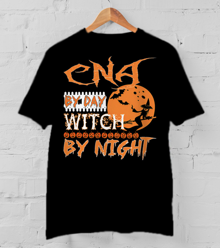 CNA By Day Witch By Night Flying Witch On Broom With Pumpkins And Bats T-Shirt