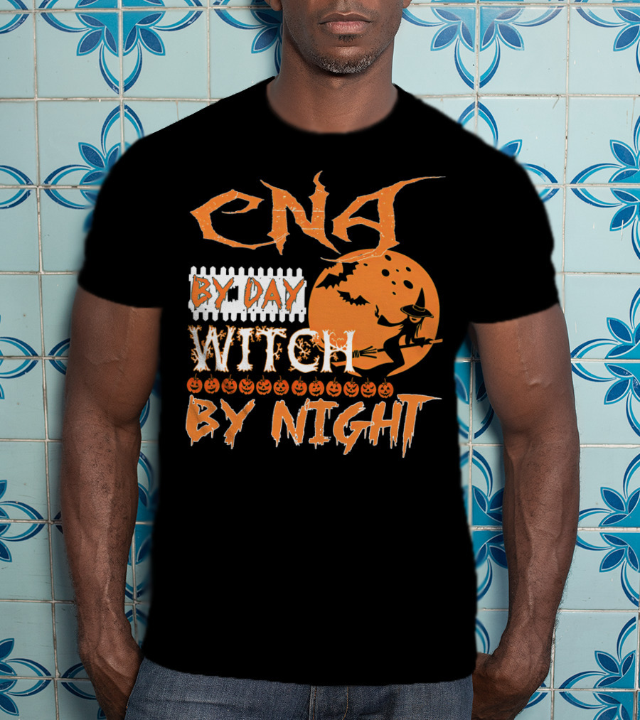 CNA By Day Witch By Night Flying Witch On Broom With Pumpkins And Bats T-Shirt