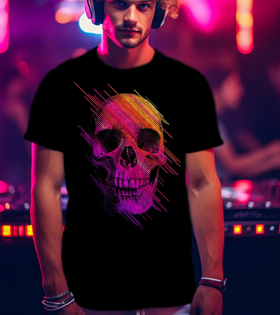 Colorful Skull Vibrant Neon Streaks T-Shirt