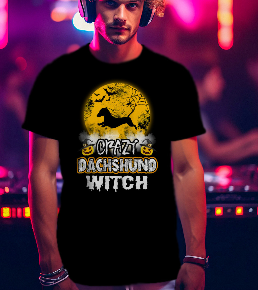 Crazy Dachshund Witch Moon Bats Pumpkin T-Shirt