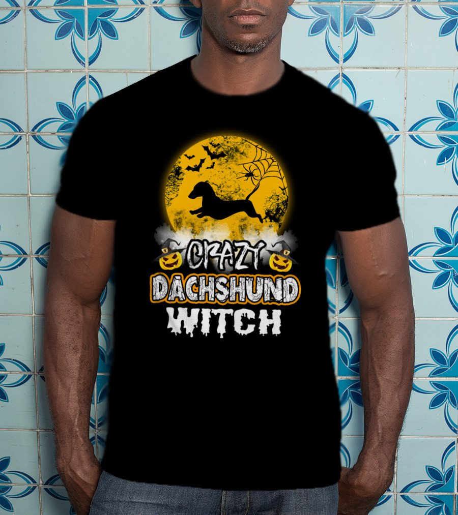 Crazy Dachshund Witch Moon Bats Pumpkin T-Shirt