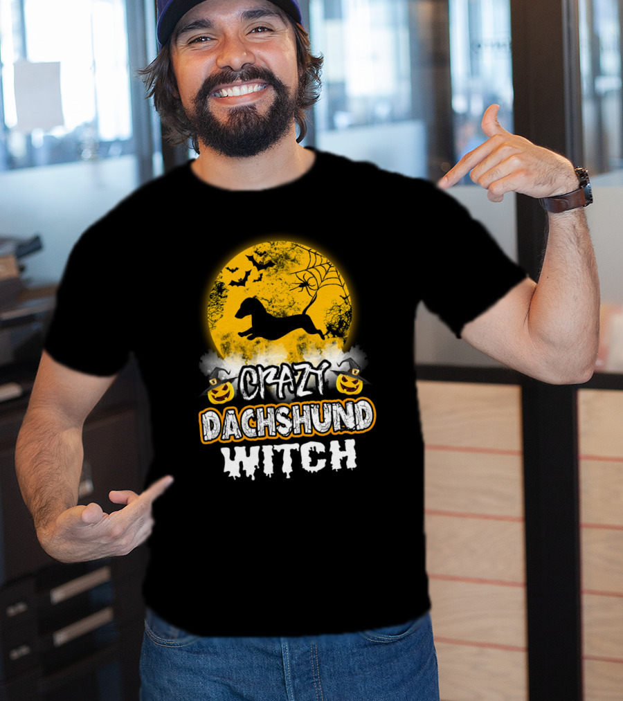 Crazy Dachshund Witch Moon Bats Pumpkin T-Shirt