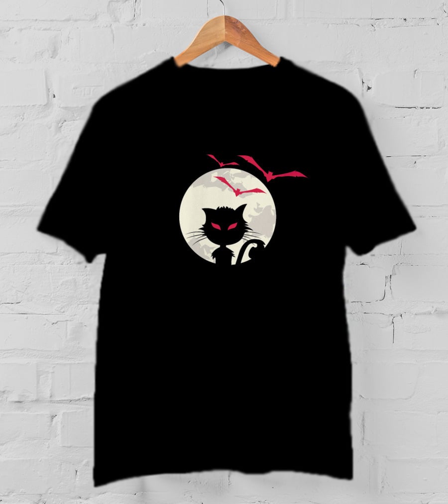 Cute Cat Silhouette With Red-Eyed Bats And Full Moon T-Shirt