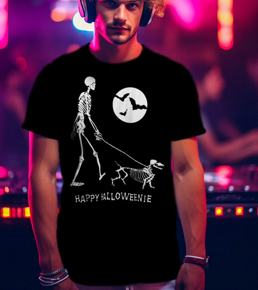 Happy Halloweenie Dachshund Skeleton Moon Bats T-Shirt