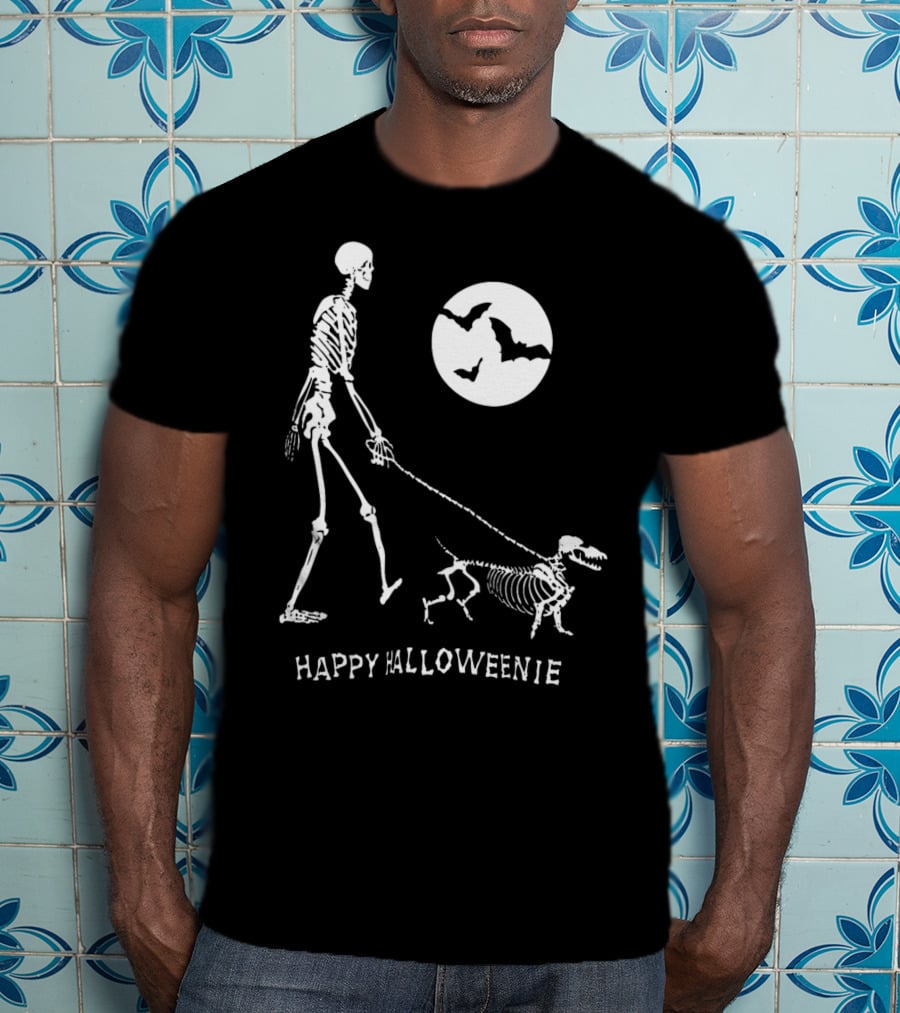 Happy Halloweenie Dachshund Skeleton Moon Bats T-Shirt