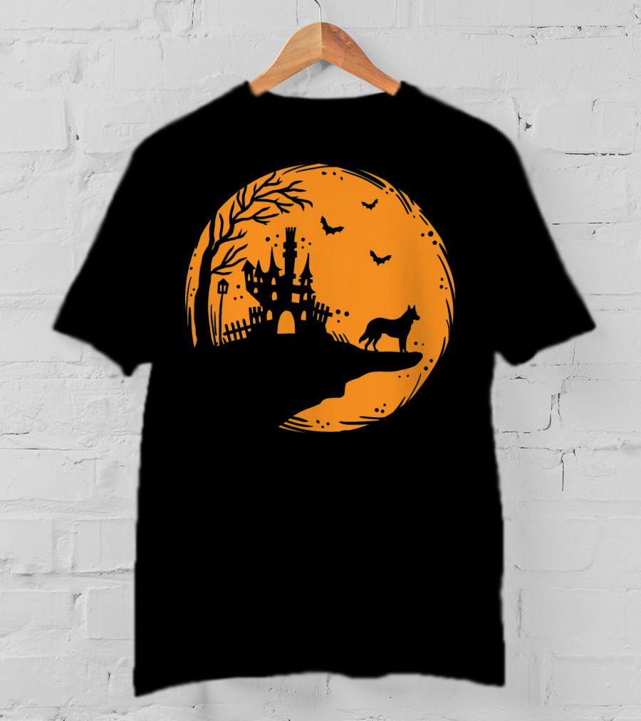 Halloween Dog Silhouette With Haunted Castle And Bats T-Shirt