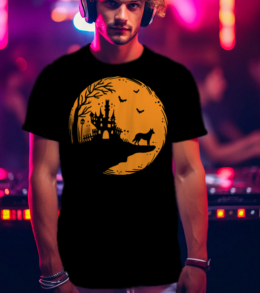 Halloween Dog Silhouette With Haunted Castle And Bats T-Shirt