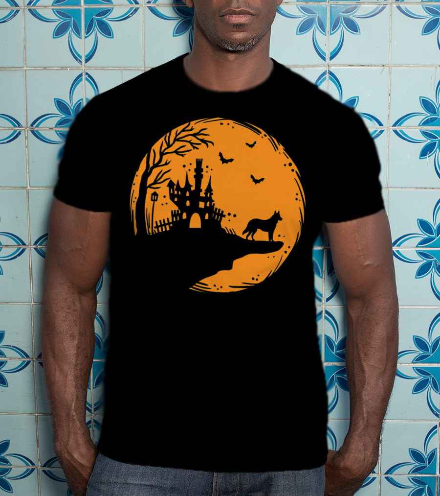Halloween Dog Silhouette With Haunted Castle And Bats T-Shirt