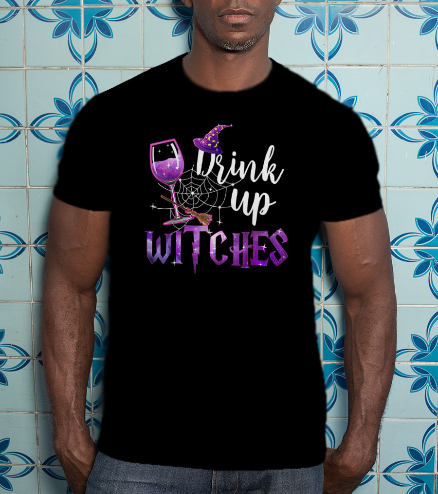 Drink Up Witches Halloween Wine Glass Witch Hat Broom Spiderweb T-Shirt