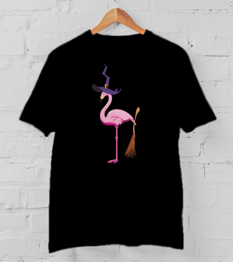 Flamingo Witch With Broom Halloween Magic T-Shirt