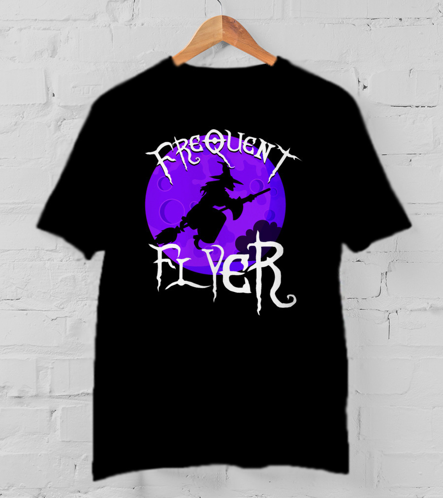 Frequent Flyer Witch Broom Silhouette Against Purple Moon T-Shirt