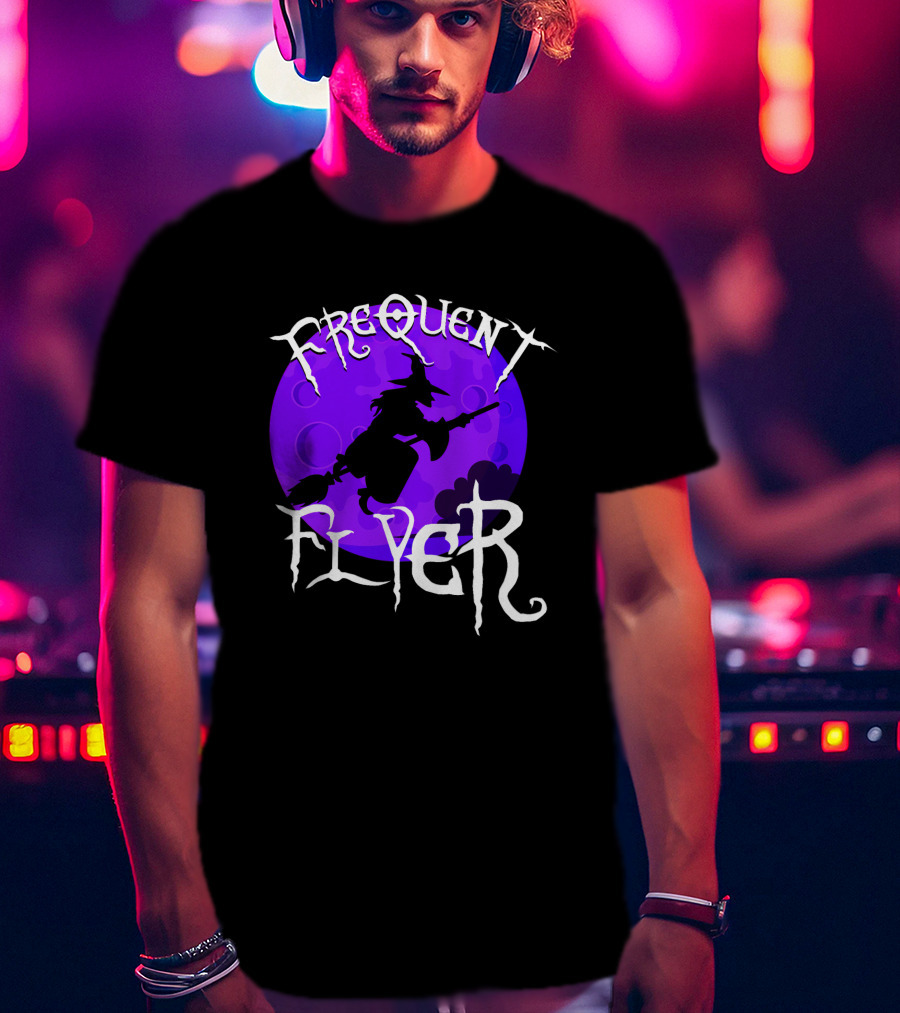 Frequent Flyer Witch Broom Silhouette Against Purple Moon T-Shirt