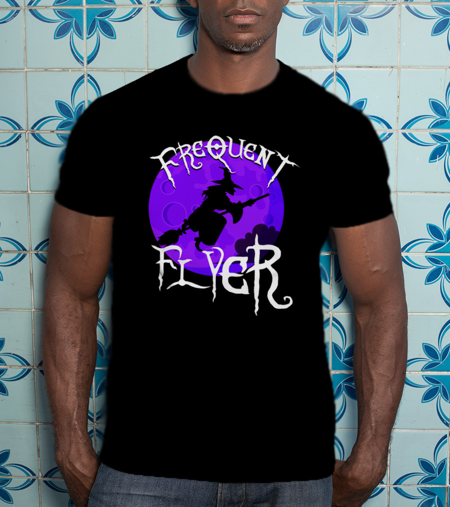 Frequent Flyer Witch Broom Silhouette Against Purple Moon T-Shirt
