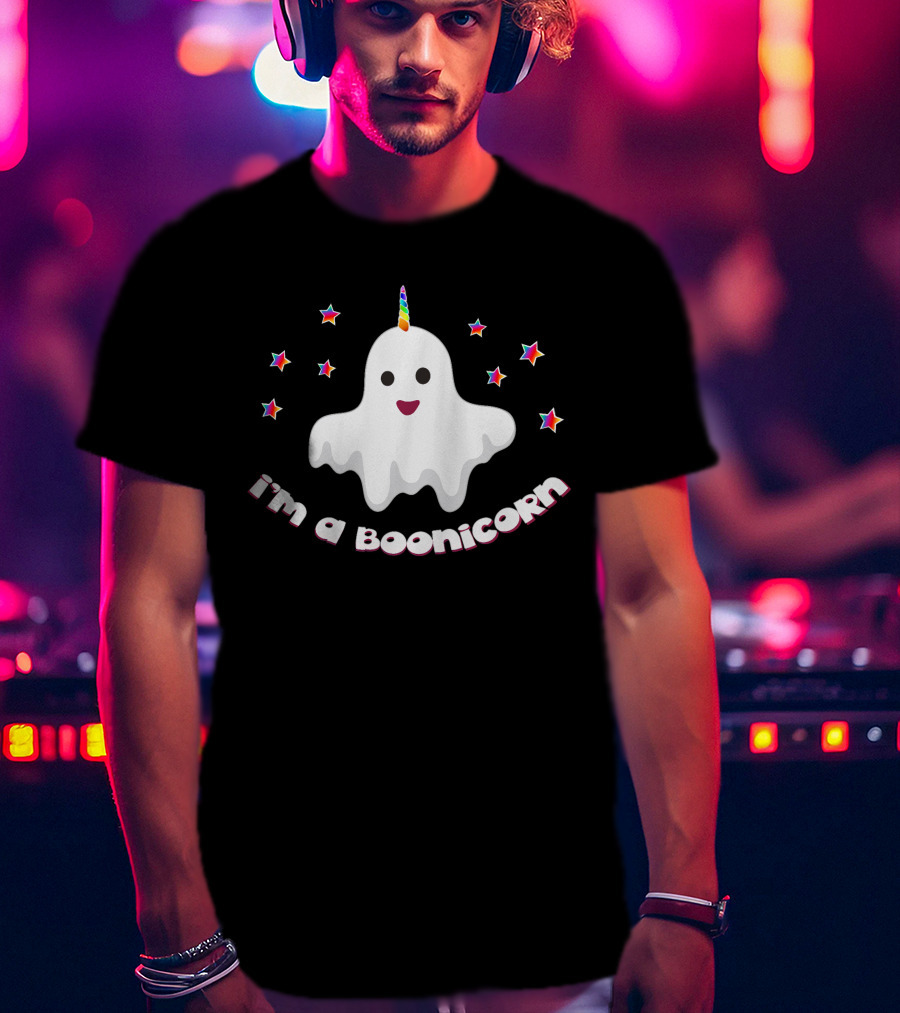 I'm A Boonicorn Funny Halloween Ghost With Rainbow Unicorn Horn And Colorful Stars T-Shirt