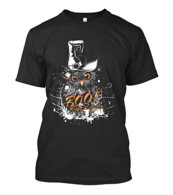 BOO Happy Halloween Owl With Witch Hat T-Shirt