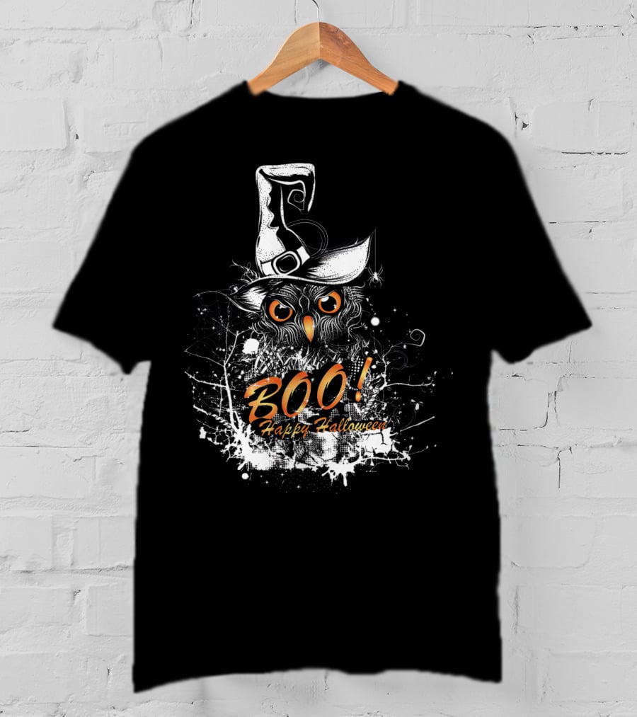 BOO Happy Halloween Owl With Witch Hat T-Shirt
