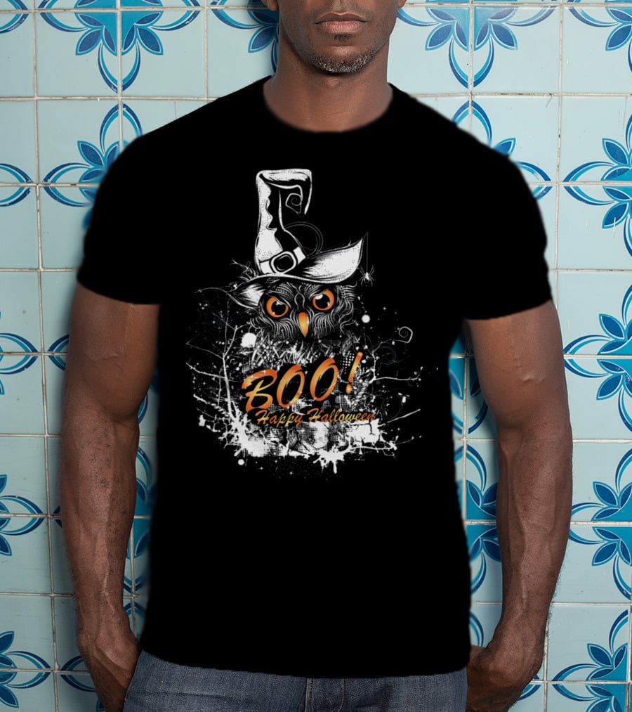 BOO Happy Halloween Owl With Witch Hat T-Shirt