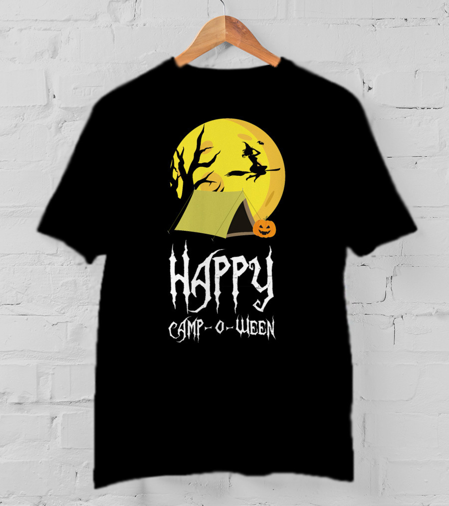 Happy Camp O Ween With Witch And Pumpkin Camping Under Full Moon T-Shirt