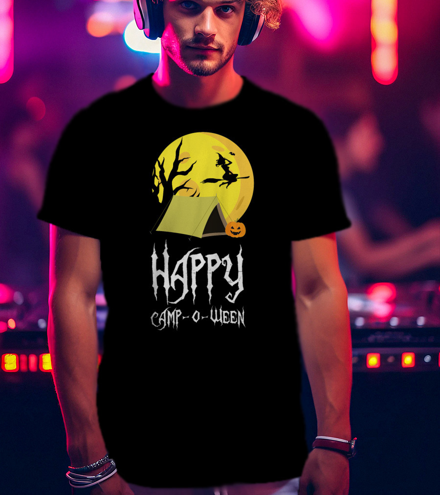 Happy Camp O Ween With Witch And Pumpkin Camping Under Full Moon T-Shirt