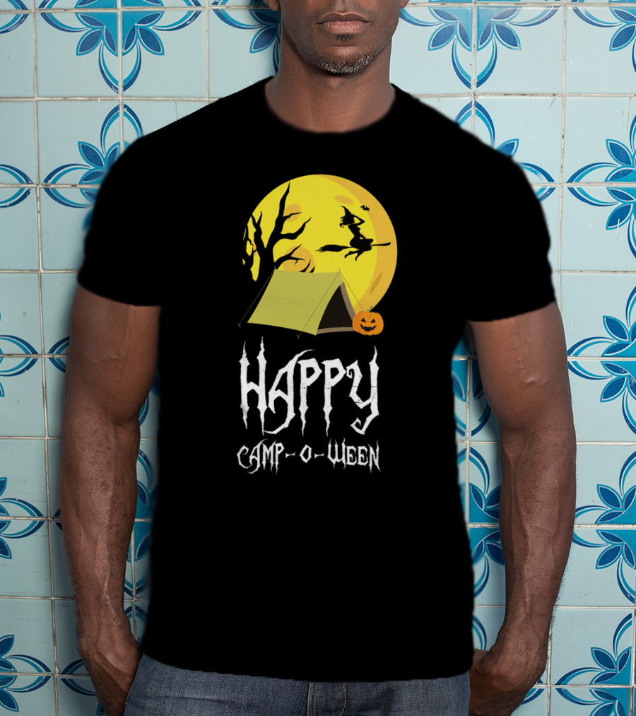 Happy Camp O Ween With Witch And Pumpkin Camping Under Full Moon T-Shirt