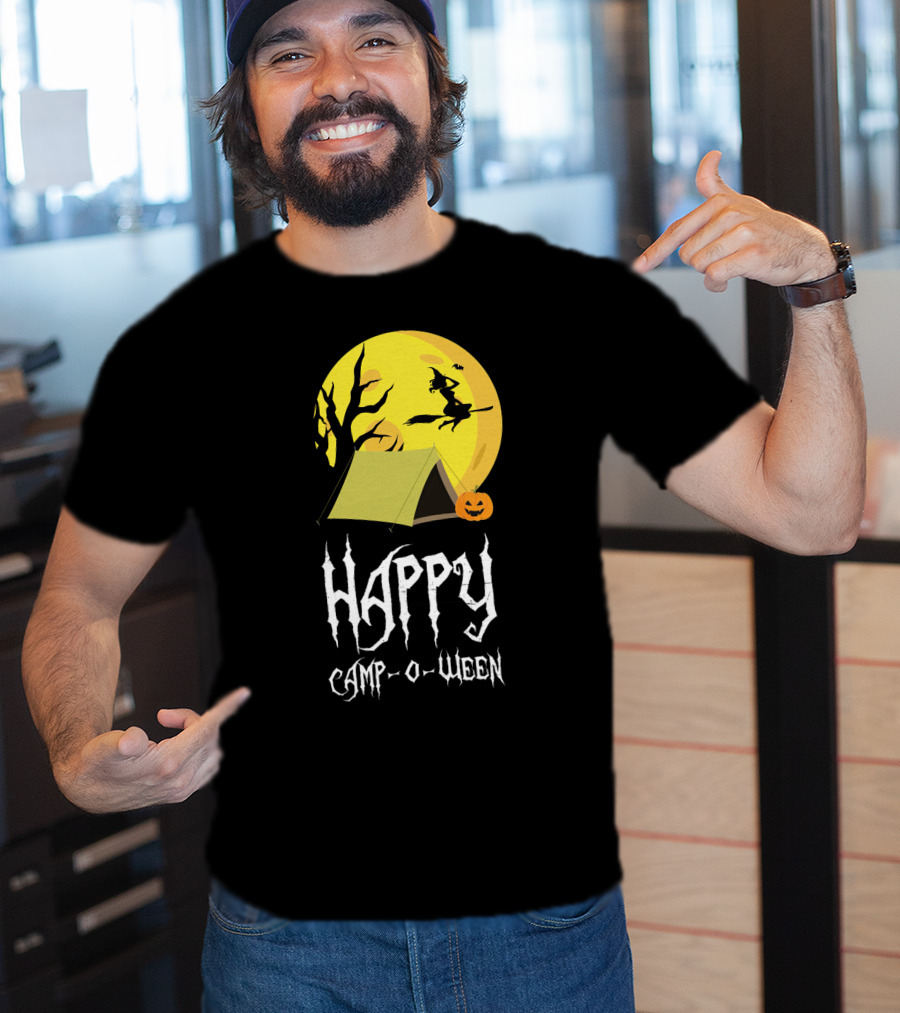 Happy Camp O Ween With Witch And Pumpkin Camping Under Full Moon T-Shirt