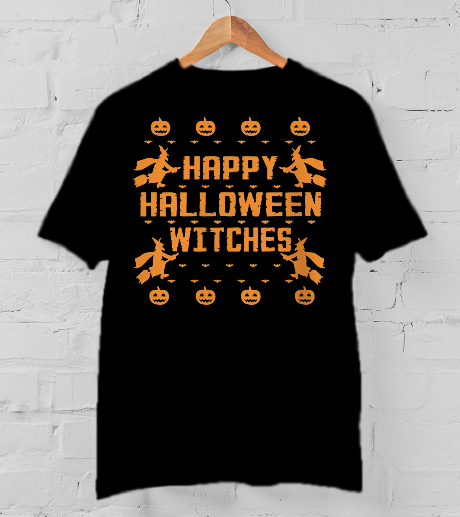 Happy Halloween Witches Flying Broomsticks Pumpkins Bats T-Shirt