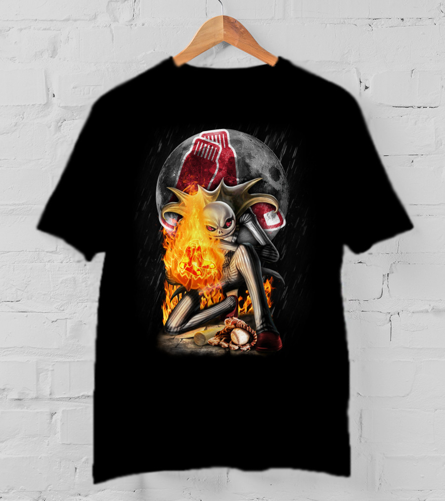 Jack Skellington Boston Red Sox Skeletal Flames Moon Baseball Fusion T-Shirt