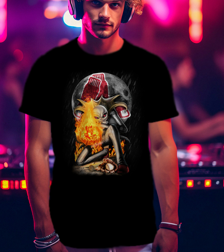 Jack Skellington Boston Red Sox Skeletal Flames Moon Baseball Fusion T-Shirt