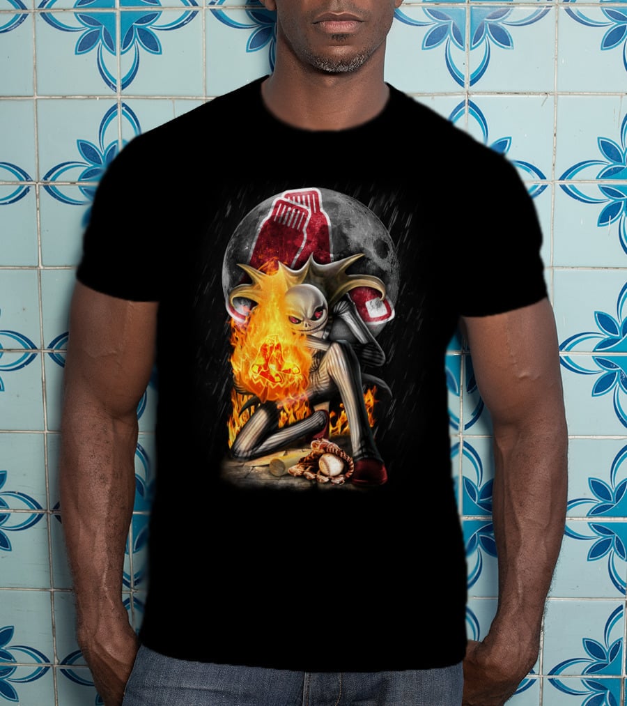 Jack Skellington Boston Red Sox Skeletal Flames Moon Baseball Fusion T-Shirt