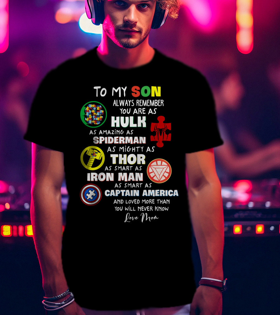 To My Son Always Remember You Are As Hulk As Amazing As Spiderman As Mighty As Thor As Smart As Iron Man Captain America Love Mom T-Shirt