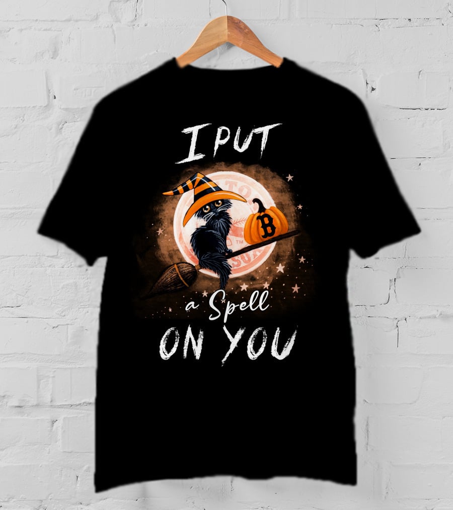 I Put A Spell On You Boston Red Sox Halloween Cat Pumpkin Broomstick Magic T-Shirt