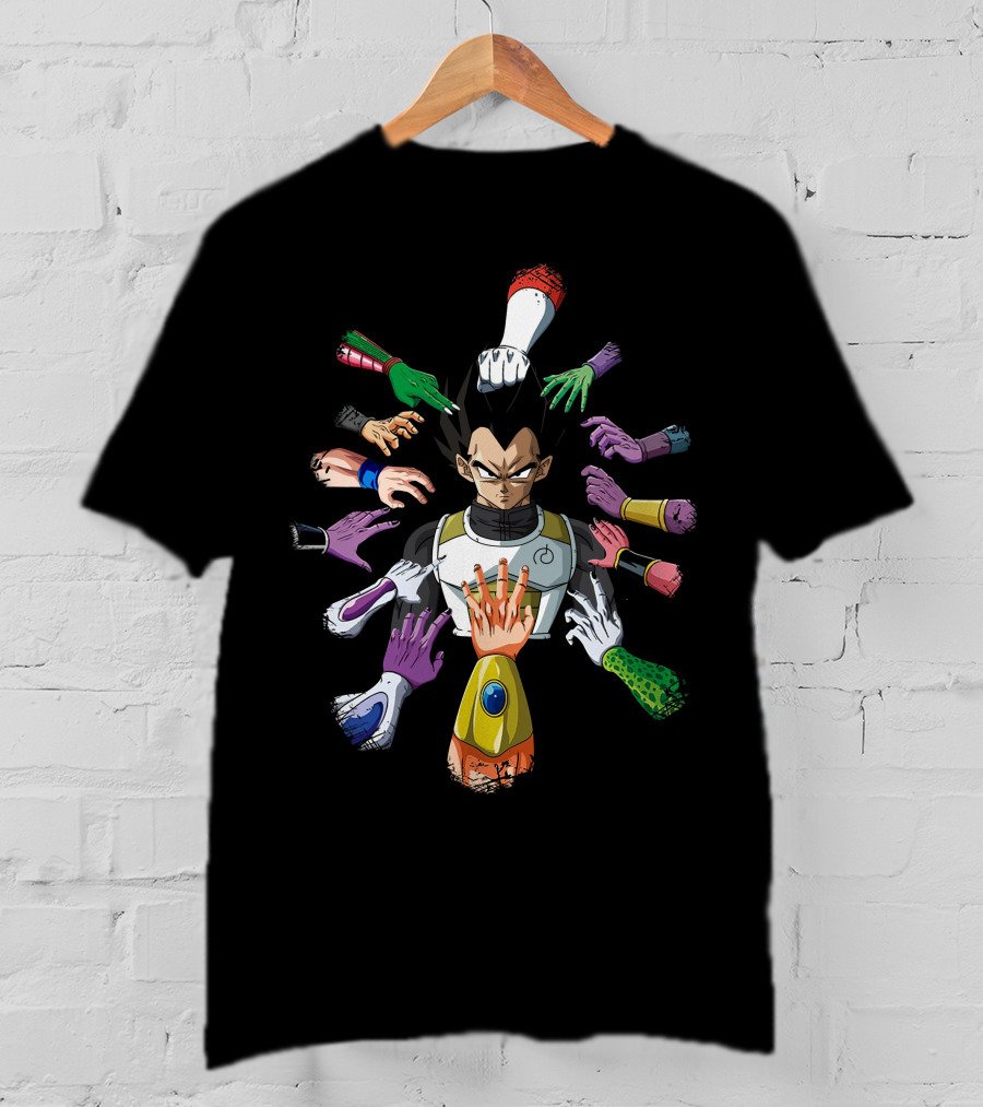 Vegeta Surrounded By Colorful Hands In John Wick T-Shirt