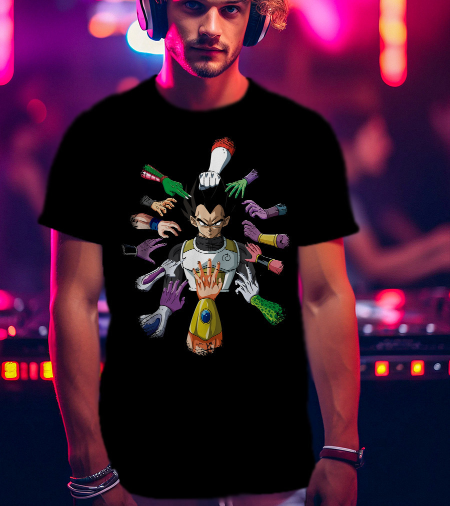 Vegeta Surrounded By Colorful Hands In John Wick T-Shirt