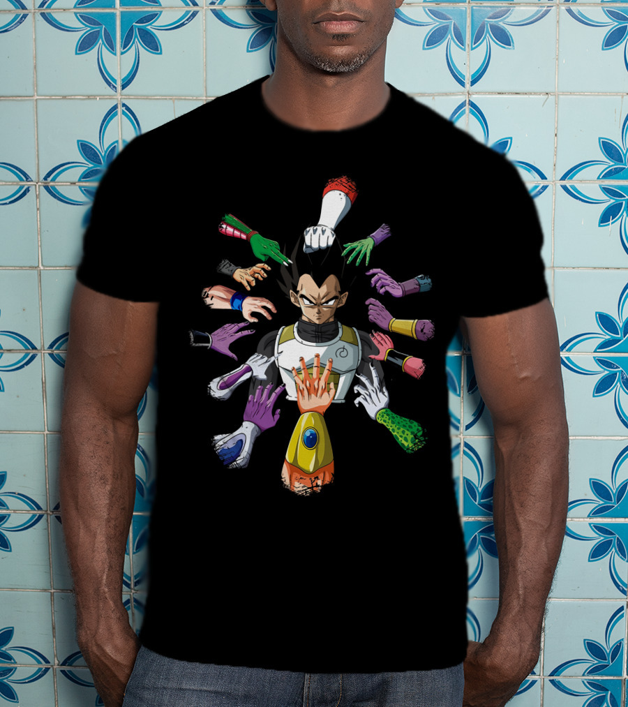 Vegeta Surrounded By Colorful Hands In John Wick T-Shirt