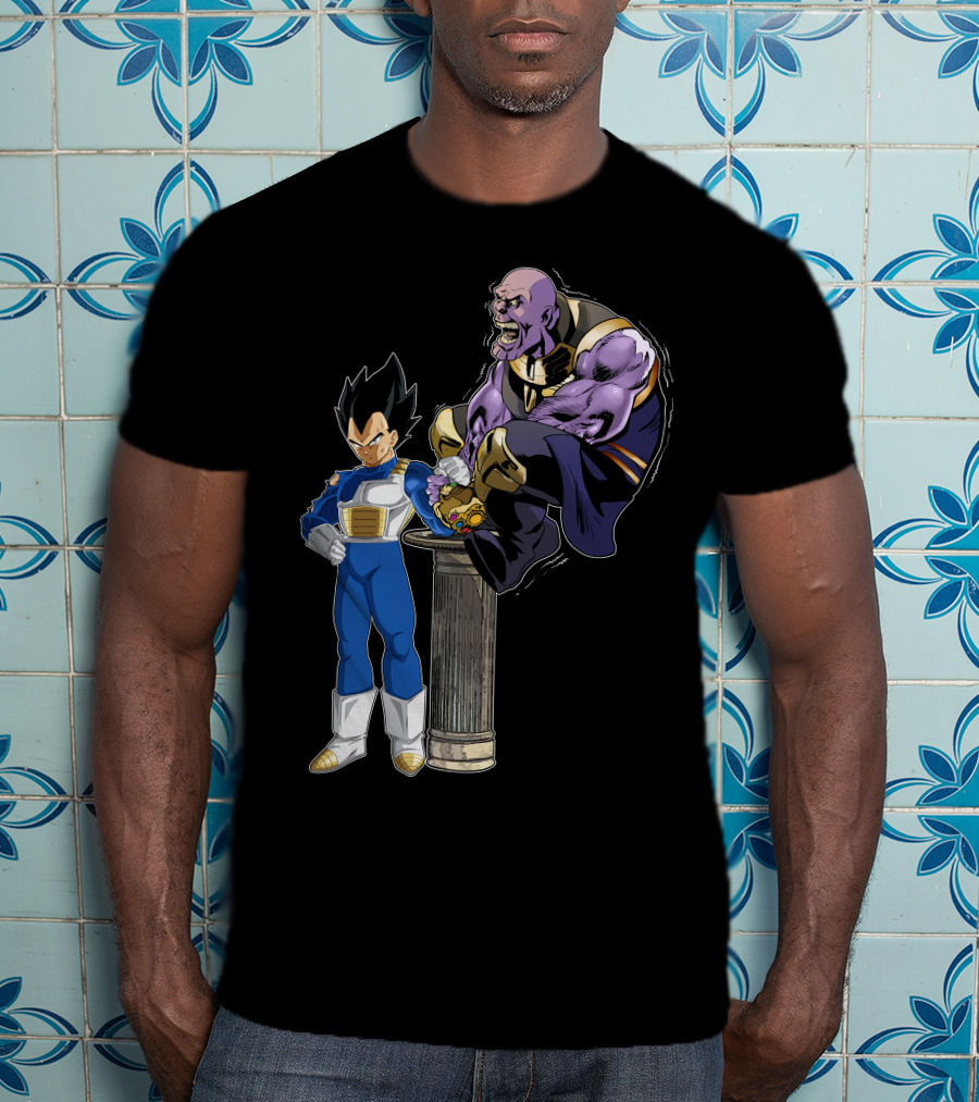 Vegeta And Thanos Arm Wrestling On Stone Pedestal T-Shirt
