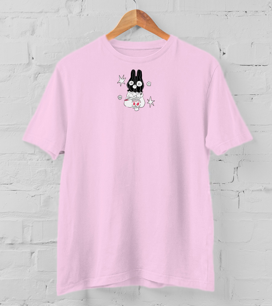 Chloe Moriondo Bunny Holding Strawberry With Stars And Flowers On Pink Background T-Shirt
